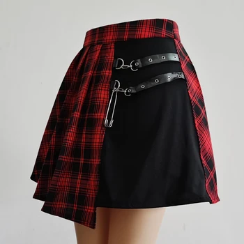 Harajuku Streetwear Mygtukai Pusėje Atidaryti Sijonas Moterims Seksualus Trumpą Mini Sijonai Harajuku Sijonas Gotikos Juodos ir Baltos spalvos Pledas Sijonas