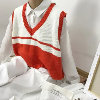 Harajuku atsitiktinis camlisole moterų pasėlių viršuje 2020Autumn megzti V-kaklo prarasti dryžuotų spalvų atitikimo trumpas megztinis megztinis liemenė