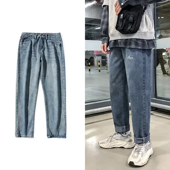 Harajuku stilius ripped jeans vyriški 2020 m. rudenį haremas juodos kelnės korėjos mados džinsus vyrams hip-hop laisvi, mėlyni tiesūs džinsai