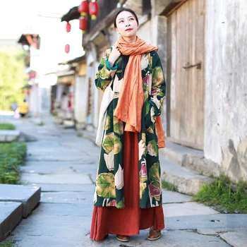 Hisenky 2019 M. Pavasario Derliaus Tranšėjos Ilgomis Rankovėmis Didelių Gėlių Tranšėjos Paltai Retro Kinijos Tradicinės Švarkelis Moterų Medvilnės Kailis