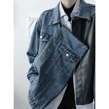 IEFB /vyriški drabužiai Nišą dizaino asimetrinė susiuvimo mėlyna džinsinio audinio striukė 2021 m. pavasarį naujas prarasti didelis dydis streetwear kailio vyras 9Y3974