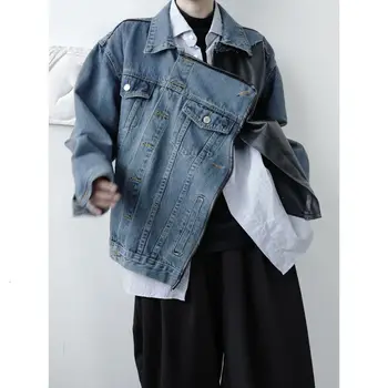 IEFB /vyriški drabužiai Nišą dizaino asimetrinė susiuvimo mėlyna džinsinio audinio striukė 2021 m. pavasarį naujas prarasti didelis dydis streetwear kailio vyras 9Y3974