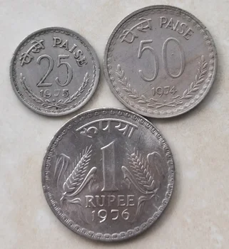 Indija 1974-1976 25-50 Paisa-1 Rupijų Visas Komplektas 3 Vnt Originali Monetų Nekilnojamojo Originalios Monetos