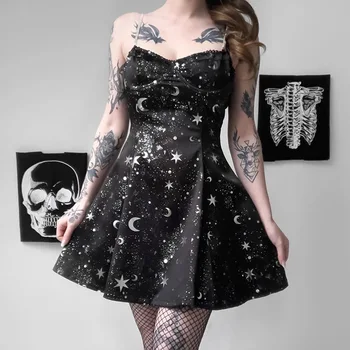 InstaHot Star Mėnulis Spausdinti Gotikos Suknelė Moterims Grandinės Dirželis Mini Black Punk V Kaklo Atsitiktinis Vasaros Suknelės, Elegantiški Drabužiai Univers Naujas