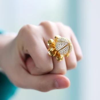 Išskirtinį Aukso Spalvos Kristalų Cirkonis Gėlių Žiedai Moterims Reguliuojamas Prabangių Vestuvių Puotą Piršto Žiedas Papuošalai Dovana Bijoux