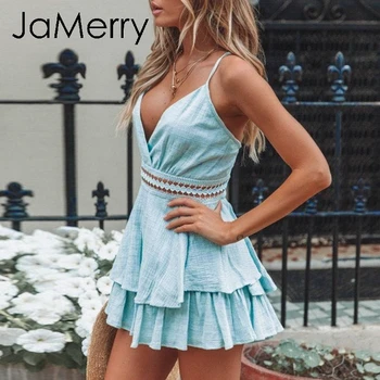 JaMerry Derliaus seksualus, be rankovių moterims romper Vasaros backless tuščiaviduriai iš mėlynos spalvos trumpą jumpsuit Atsitiktinis moterų rompers bendras 2019