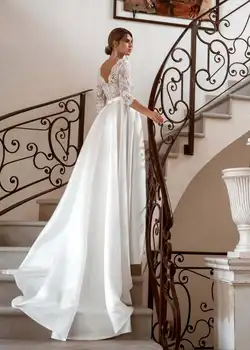 JaneVini Balta Ilga Vestuvinė Suknelė su Rankovėmis 2020 V Kaklo Elegantiškas Nėrinių Appliques Satino Linija Princesė Vestuvinės Suknelės Valymo Traukinio