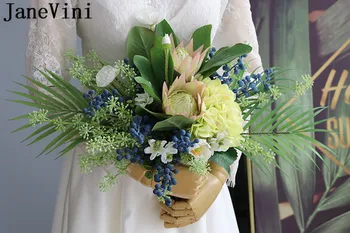 JaneVini Senovinių Vestuvių Boquet Blumenstrauss Žalia Vestuvių Gėlės Puokštė, Blue Berry Dirbtinis Brides Gėlių Priedai 2019