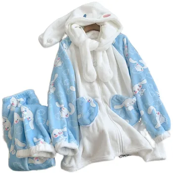Japonijos Cinnamoroll Pižama Melodija Pliušinis Anime Moterų Mergina Šiltas Tirštėti Sleepwear Hoodie Kelnes Nustatyti Nightclothes Naktiniai Drabužiai Mielas