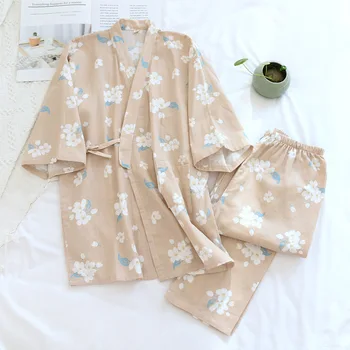 Japonijos Ponios Kimono Pižama Pavasario Plonos Medvilnės Marlės, Sleepwear V-Kaklo Gėlių Spausdinti Ištaigingas Dėvėti Plonas Prarasti 2 Dalių Komplektas