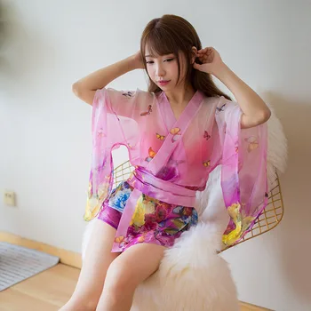 Japonijos Seksualus apatinis Trikotažas Kimono Skraiste, Rožinė Halloween Kostiumai Moterims Šifono Sleepwear Vaidmuo Žaisti Erotinio Kambarinės Apranga Vienoda 2020 m.