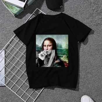 Juodasis penktadienis Klaidingą Mikelandželas Mona Lisa Derliaus Vyrams Marškinėliai Juodos spalvos Laisvalaikio marškinėliai trumpomis Rankovėmis Derliaus Estetinės Unisex Viršūnės