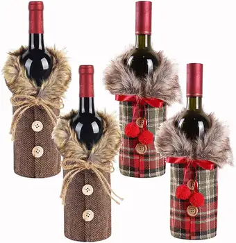 Kalėdinis Vyno Butelis Apima Megztinis Lino Pledas Vyno Butelis Drabužius su Dirbtiniais Kailiais Apykaklės Ir Mygtuką Kailis Dizainas