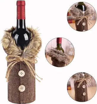 Kalėdinis Vyno Butelis Apima Megztinis Lino Pledas Vyno Butelis Drabužius su Dirbtiniais Kailiais Apykaklės Ir Mygtuką Kailis Dizainas
