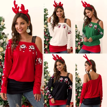 Kalėdų Moterų marškinėliai Ropa Mujer Camiseta ilgomis Rankovėmis Vieną Petį Santa Print Sujungimas Žiemos Marškinėliai Moterims Marškinėlius Viršuje Tees