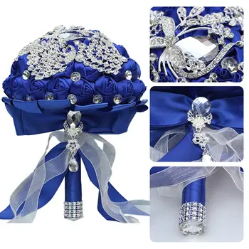 Karšto Parduoti Rankų Darbo Vestuvių Nuotakos Puokštė Su Kalnų Krištolas Šilko Rožė Royal Blue Bridesmiad Gėlės Santuokos Prekių W290