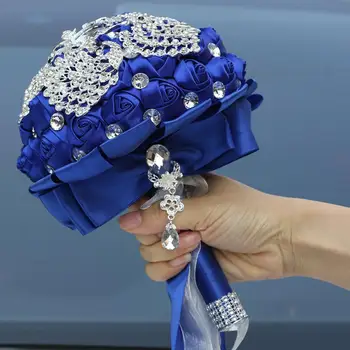Karšto Parduoti Rankų Darbo Vestuvių Nuotakos Puokštė Su Kalnų Krištolas Šilko Rožė Royal Blue Bridesmiad Gėlės Santuokos Prekių W290
