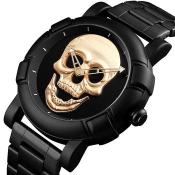 Kaukolė Juodojo Aukso Vyrai Žiūrėti Lazeriu Graviruotas Kaukolės Galvą Laikrodžiai Punk Skeleton Laikrodis Vyrams Kietas Vyras Kvarciniai Rankiniai Laikrodžiai