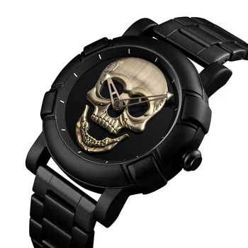 Kaukolė Juodojo Aukso Vyrai Žiūrėti Lazeriu Graviruotas Kaukolės Galvą Laikrodžiai Punk Skeleton Laikrodis Vyrams Kietas Vyras Kvarciniai Rankiniai Laikrodžiai