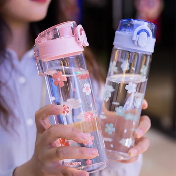 Kawaii Sakura Stiklo Vandens Butelių Nešiojamų Nuotėkio Įrodymas, Skaidraus Gėrimo Butelį Mergina Kelionės Sporto Šoktelėti Puodelio Dangtelis Buteliai