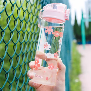 Kawaii Sakura Stiklo Vandens Butelių Nešiojamų Nuotėkio Įrodymas, Skaidraus Gėrimo Butelį Mergina Kelionės Sporto Šoktelėti Puodelio Dangtelis Buteliai