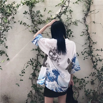 Kimono megztinis Moterų viršūnes ir palaidinės Japonijos streetwear moterų viršūnių vasaros 2019 ilgai marškinėliai moteriška ponios palaidinė moterims AA001
