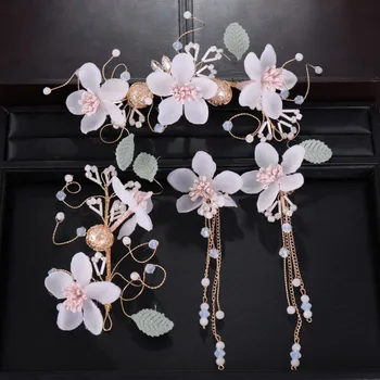 Kinų stiliaus Išskirtinį Pink Gėlių Nuotaka Hairband Ilgi Auskarai Nustatyti Vestuvių Vaikus Veiklos Suknelė Aksesuarai Ornamentu