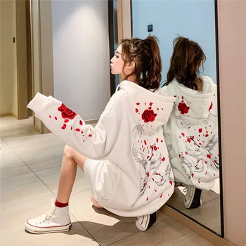 Korėjos Hoodie Moterų Prarasti Atsitiktinis Marškinėlius Rudenį Plona ilgomis rankovėmis Puloveriai Mielas Paukštis, Siuvinėjimo Spausdinti Anime Hoodie