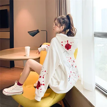 Korėjos Hoodie Moterų Prarasti Atsitiktinis Marškinėlius Rudenį Plona ilgomis rankovėmis Puloveriai Mielas Paukštis, Siuvinėjimo Spausdinti Anime Hoodie