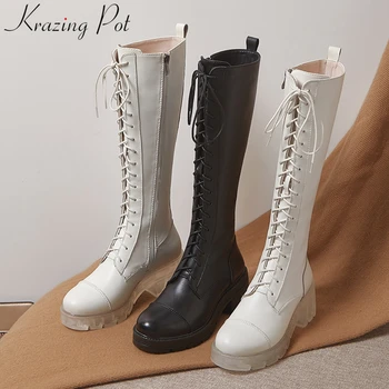 Krazing Puodą aukštos kokybės karvės odos platformos aukštakulniais batais, suapvalinti tne nėrinių žiemos batai motociklo knee-high batai L25