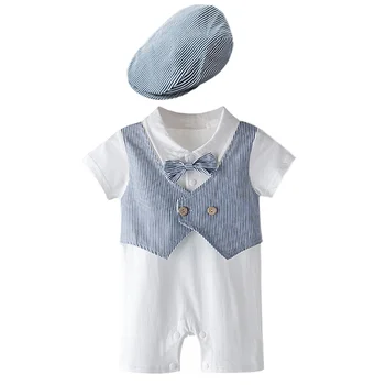 Kūdikių ir vaikų drabužiai berniukas džentelmenas rompers + hat dryžuotas chalatas, trumparankoviai jumpsuit / romper + kepurė