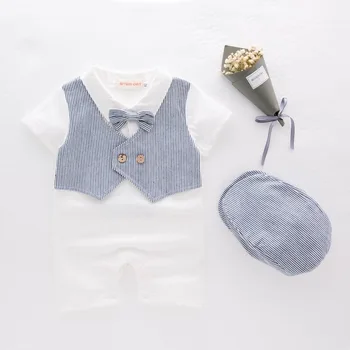 Kūdikių ir vaikų drabužiai berniukas džentelmenas rompers + hat dryžuotas chalatas, trumparankoviai jumpsuit / romper + kepurė