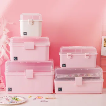 Kūrybos Multi-layer Vaikų Plaukų Aksesuarų Dėžutė Rožinės Plastikinės Sandėliavimo Langelį Darbalaukyje Kosmetika, Papuošalai Trijų sluoksnių Saugojimo Dėžutė