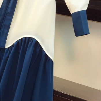 L-4XL Retro Mėlyna ilgomis rankovėmis Kontrasto Spalvų Slidinėti Suknelė Moterims Rudenį 2020 V-kaklo Single-breasted Varčias Lankas Ilga Suknelė