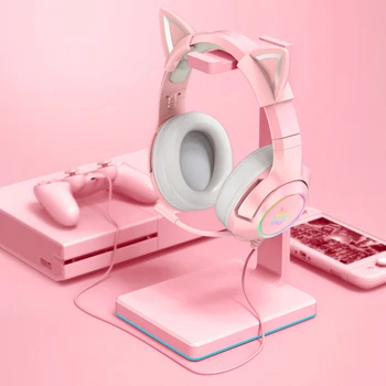 LED Laidinis Ausinių Žaidėjus Rožinė Cute Kačių Ausų Ausinės Su Mikrofonu 3,5 mm USB PC Žaidimų Overear Ausinių Mergina laisvų Rankų įranga Rožinė