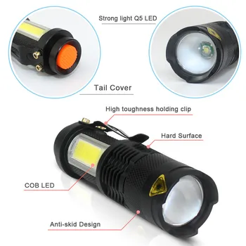 LED Žibintuvėlis Nešiojamų K5+COB Fakelas Mini Kolonėlė Zoom Focus Flash Šviesos, atsparus Vandeniui Penlight Apšvietimo Žibintų Kempingas Lempa