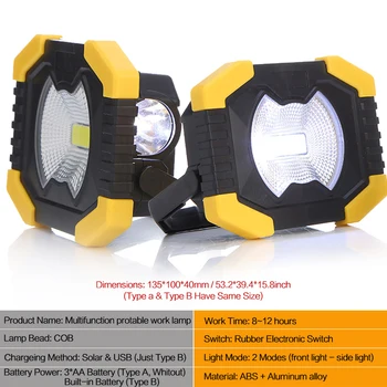 Labiausiai Ryškus LED Nešiojamų COB Darbo Reguliuojamas Šviesos Žibintuvėlis Prožektorius Prožektorius atsparus Vandeniui USB Saulės Įkrovimo Kempingas
