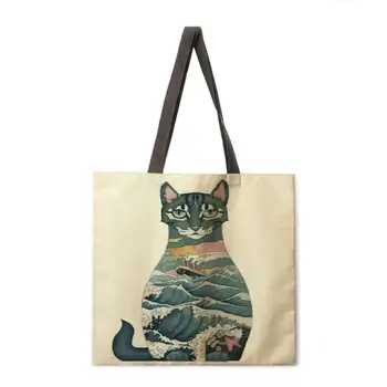 Lauko paplūdimio krepšys gyvūnų Ukiyo-e lino tote krepšys moteriška laisvalaikio nešiojamų lady pečių maišą, sulankstomas pirkinių krepšys