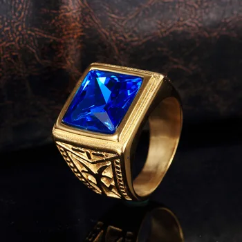 Liumo Mados Aukso Spalva Mėlyna Raudona Krištolo Akmens Didelis Aikštėje Vyrų Nerūdijančio Plieno Žiedas Lr504