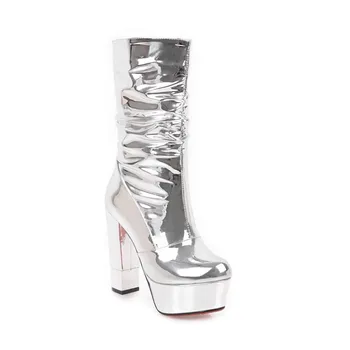 MLJUESE 2018 moterys Vidurio blauzdos batai žieminiai šilti batai platformos kailis trumpas prabangus naktinis klubas sidabro spalvos auliniai batai dydis 34-43