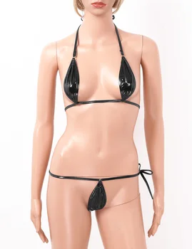 MSemis Moterų Erotinis apatinis Trikotažas Mini Bikini Komplektas Brazilijos maudymosi Kostiumėliai, Metallic Apynasrio Trikampis Bra Top su Mikro G srting