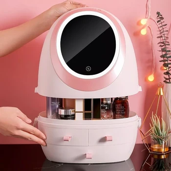 Mados LED šviesos HD veidrodis Kosmetikos Laikymo Dėžutė Moterys Kelionės Grožio tualetinių reikmenų Rinkiniai Makiažas Organizatorius Dulkėms Kosmetikos Krepšys Atvejais