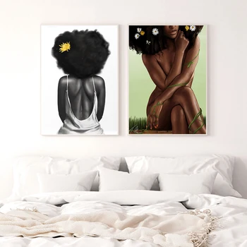 Mados Tapybos Drobės Juoda Mergina Plakatas ir Spausdinimo Sienos Menas Nuotraukas Kambarį Namų Dekoro Afrocentric Moters Portretas
