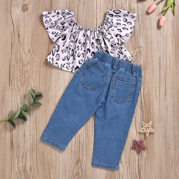 Mados mergaičių drabužiai vaikams, kūdikiams trumpomis rankovėmis leopard topai marškinėliai skylę džinsinio audinio kelnės, džinsai bamblys komplektai rinkinys 2vnt 6M-3Y