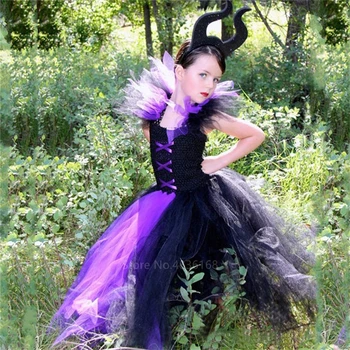 Maleficent Blogio Karalienė Tutu Sijonas Mergaitėms Suknelė su Ragais Helovinas Raganos Kostiumas Cosplay Mergaičių, Vaikų Karnavaliniai Šalis