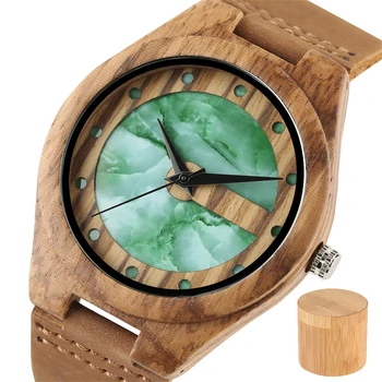 Marmuro/Jade Žalia Taškų Ekranas Kvarco Medienos Laikrodis, vyriški natūralios Odos Natūralus Medinis Laikrodis su Natūralaus Bambuko Dėžutę