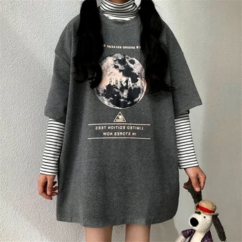 Marškinėliai Moteriški Vasaros Negabaritinių Pora Bf Žemės Laiškas Išspausdintas Kieto Juoda Balta Pilka Streetwear Retro Chic Prarasti Vienas Naujas