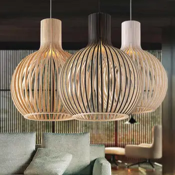 Medienos Birdcage E27 lemputės Pakabukas šviesos Šiuolaikinės Juodosios Norbic Namų Deco Bambuko Audimo Medinis Pakabukas lempa