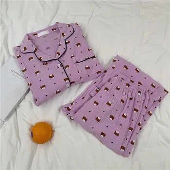 Medvilnės namų drabužių moterų pižama nustatyti animacinių filmų lokys spausdinti namo kostiumas rudenį long sleeve top kelnes 2vnt sleepwear naujas Y203