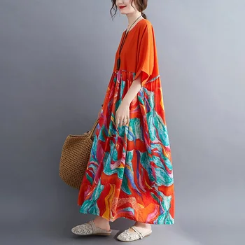 Medvilnės skalbiniai plius dydis derliaus gėlių moterų atsitiktinis palaidų ilgas vasaros suknelė elegantiškas drabužius 2021 ponios suknelės už sundress
